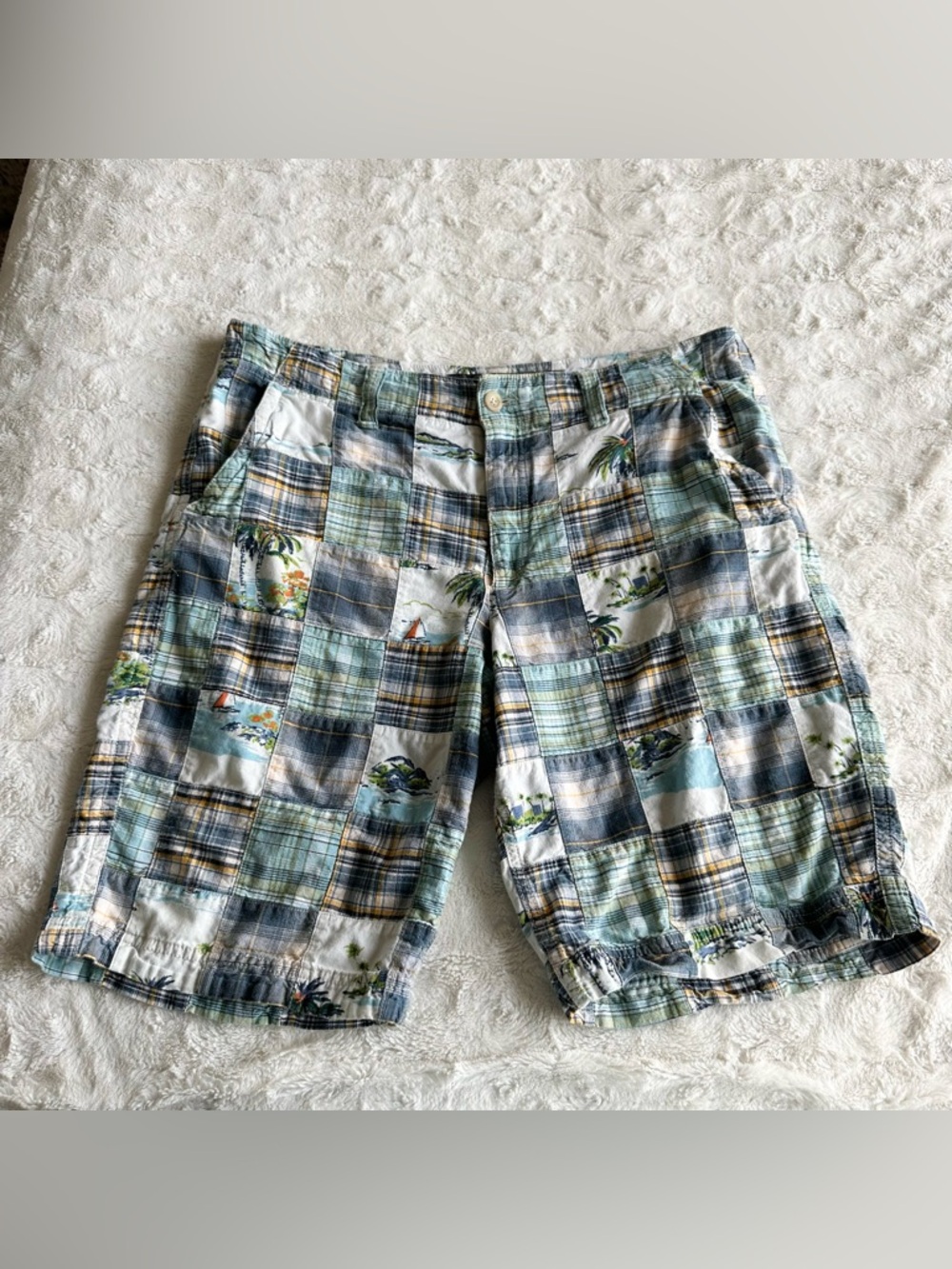 Old Navy Patchwork Shorts Mens 36 Blue Madras Tropical Plaid Y2K Cotton Beachy